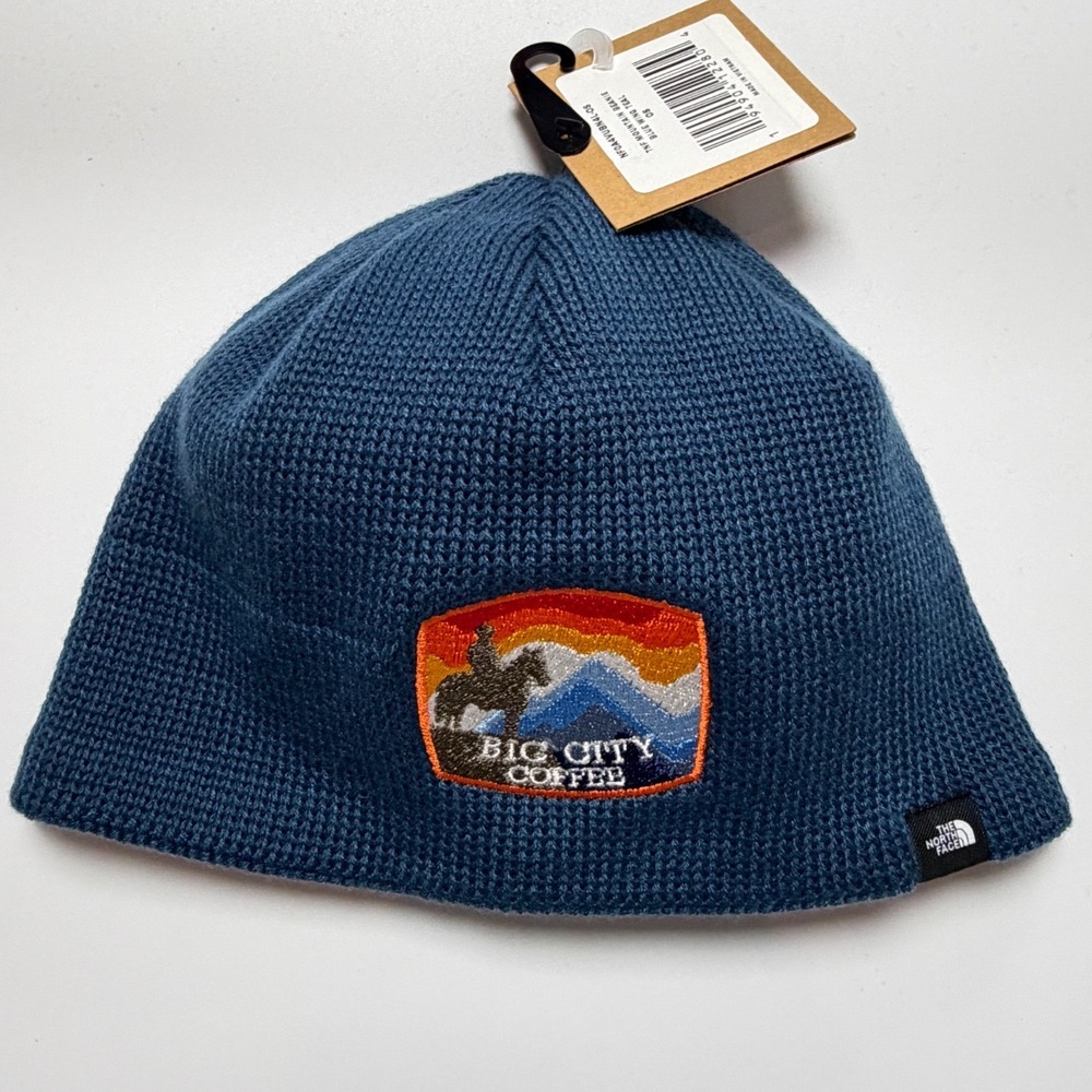The North Face Mountain Beanie Blue Wing Teal Big City Coffee Patch New with Tag